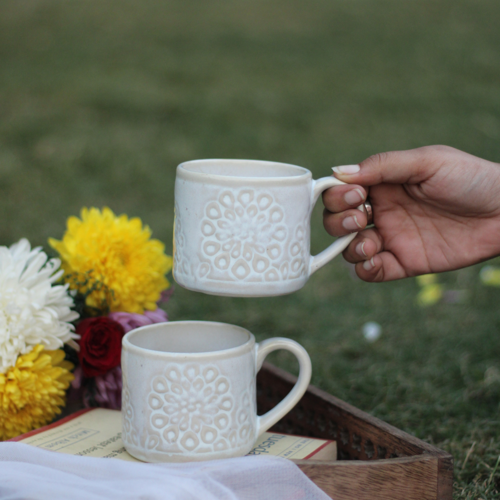 White Floral Engraved Coffee Mugs