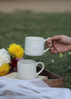 White Floral Engraved Coffee Mugs