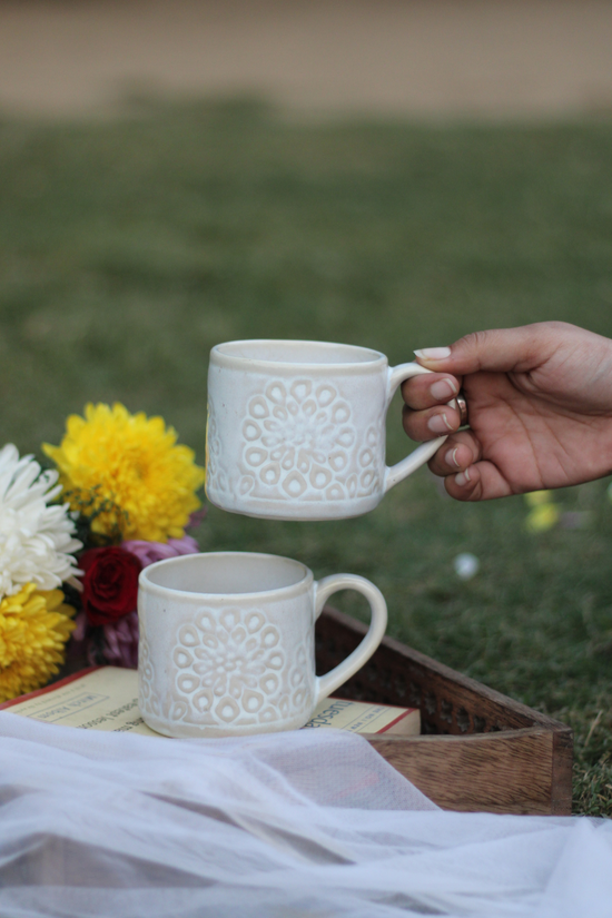 White Floral Engraved Coffee Mugs