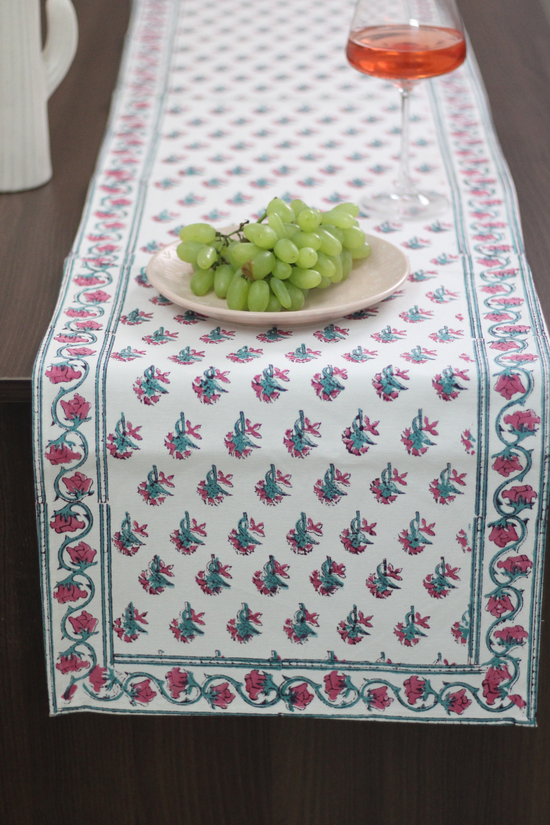 Block printed table runner on table 