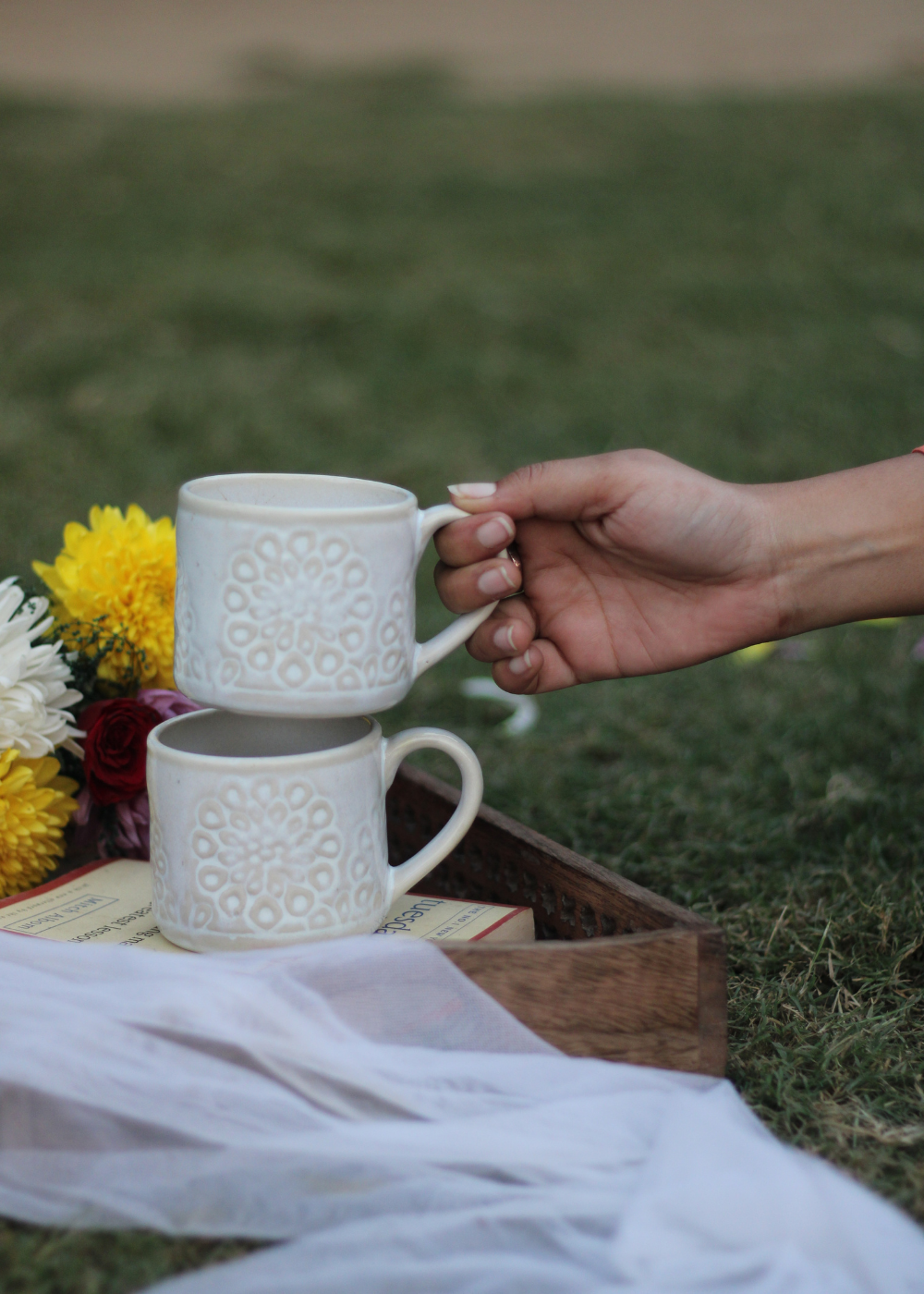 Handmade ceramic white floral coffee mugs 