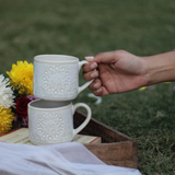 Handmade ceramic white floral coffee mugs 