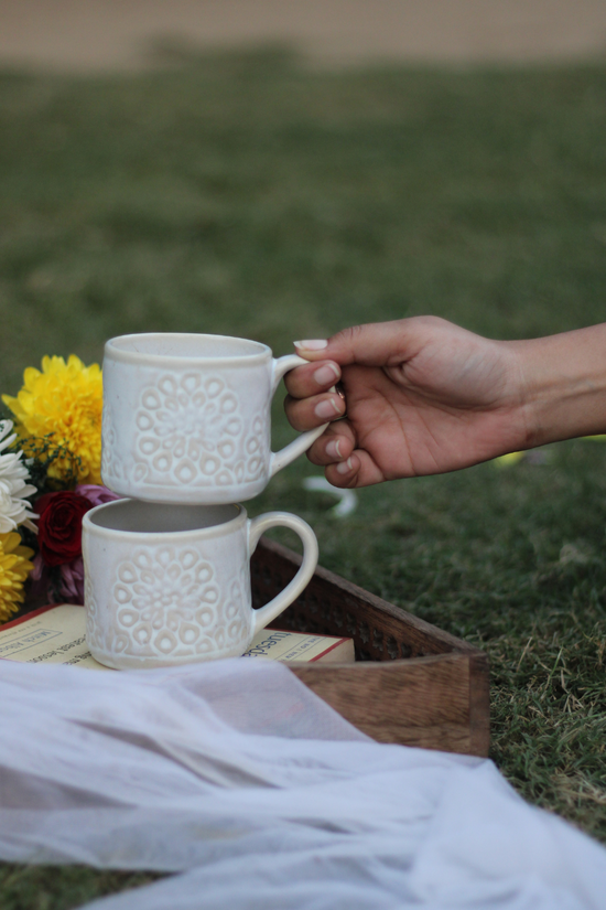 Handmade ceramic white floral coffee mugs 