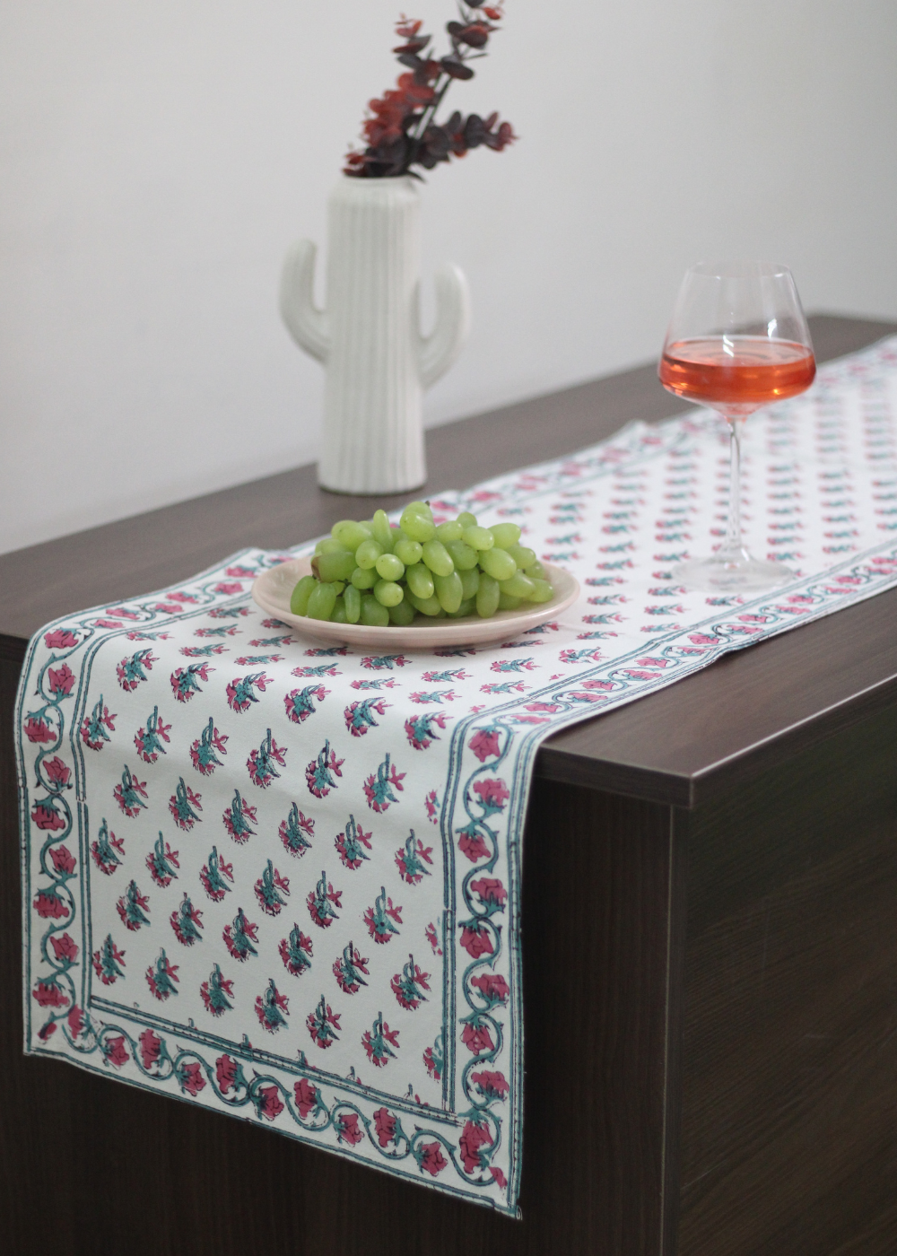 Pink motif block printed table runner 