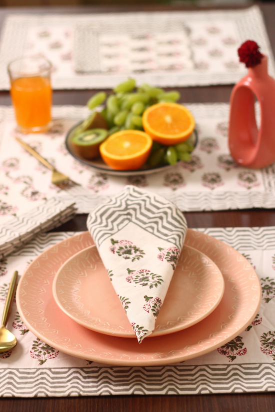 White & Grey Abstract Block Print Table Mat & Napkin