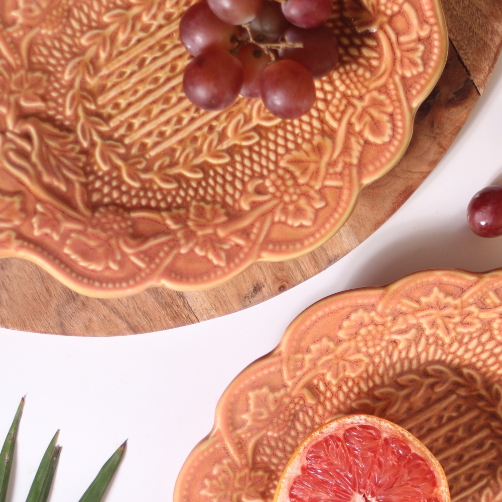 Ceramic rust textured platters with fruits 