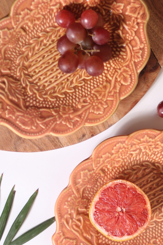 Ceramic rust textured platters with fruits 