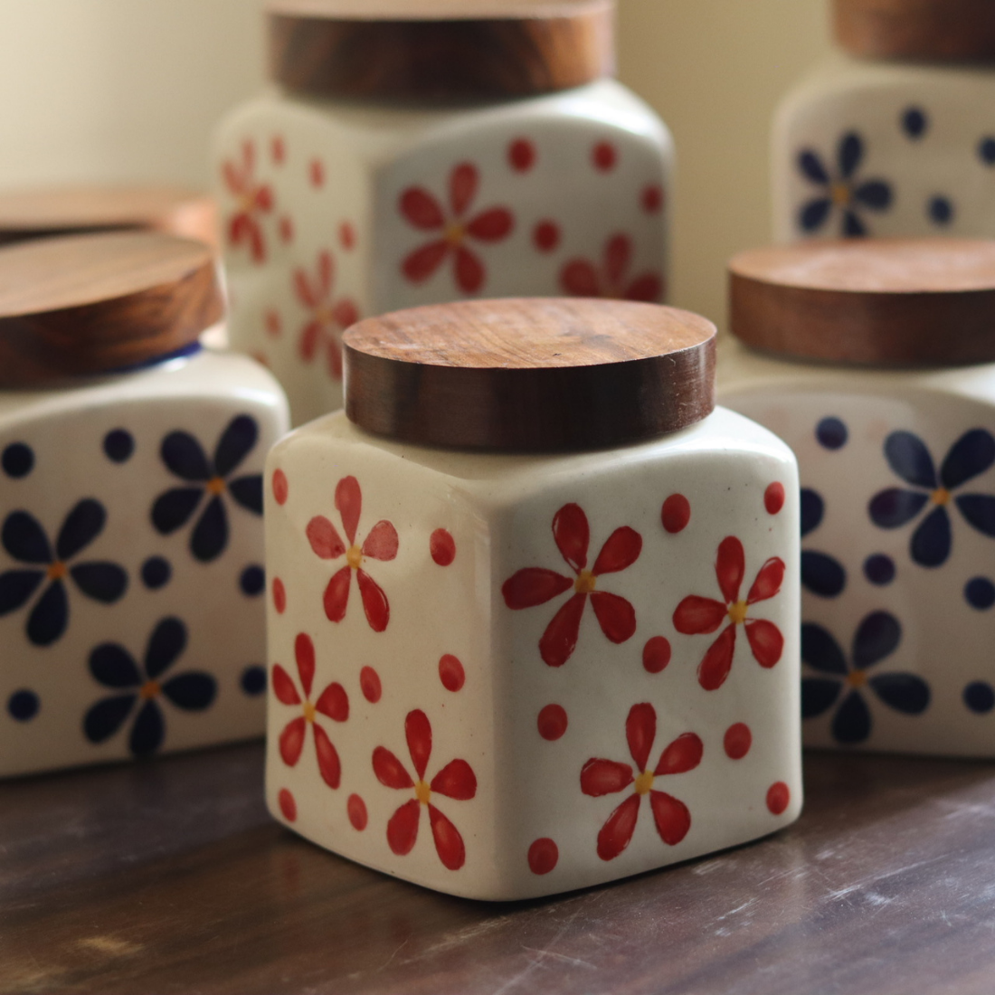 Red Flower Jars - Small With Wooden Lid