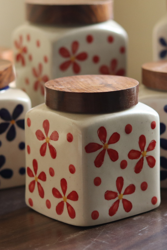Red Flower Jars - Small With Wooden Lid