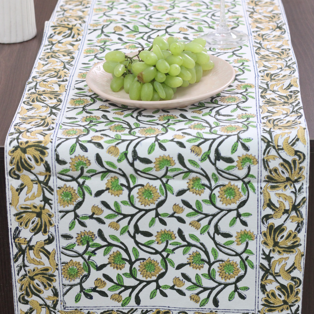 Green & yellow block print table runner with fruits