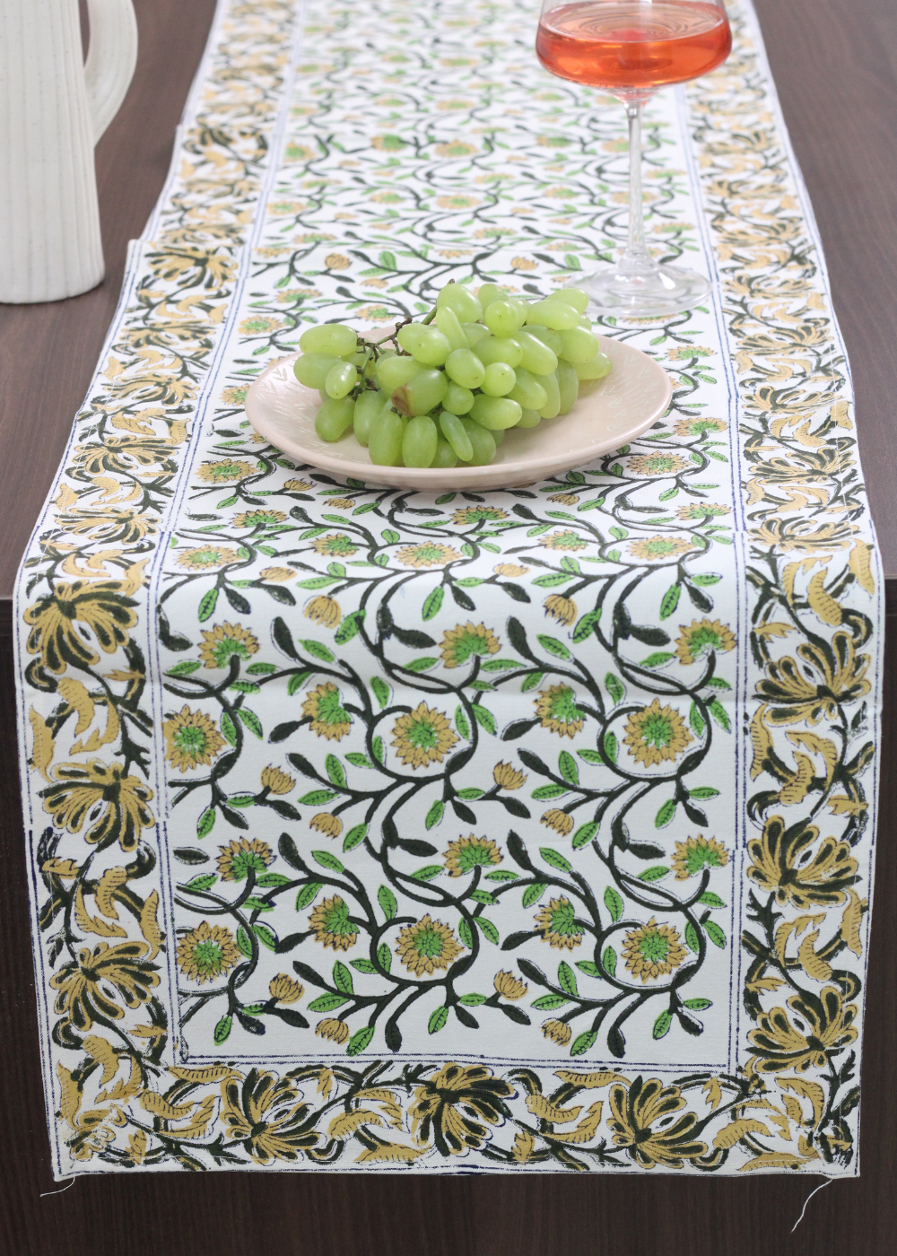 Green & yellow block print table runner with fruits