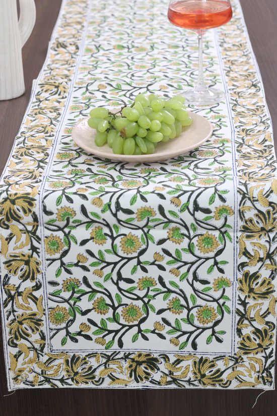 Green & yellow block print table runner with fruits