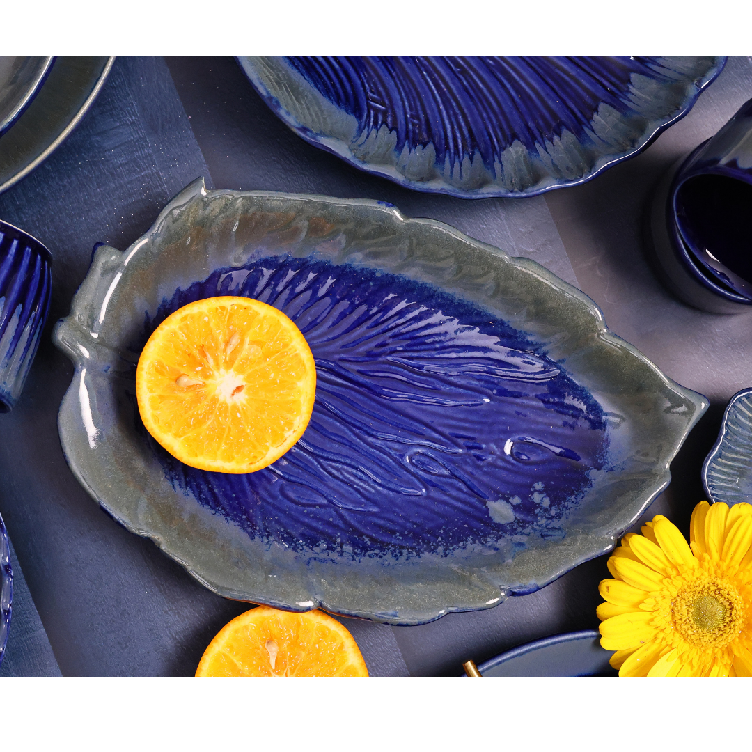 Handmade Ceramic Royal Blue Betel Leaf Platter 