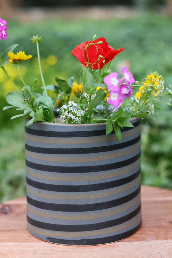 Grey spiral planter with plants 