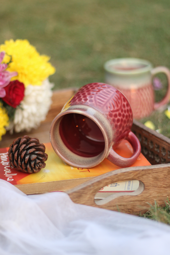 Red leaf coffee mug handmade ceramic