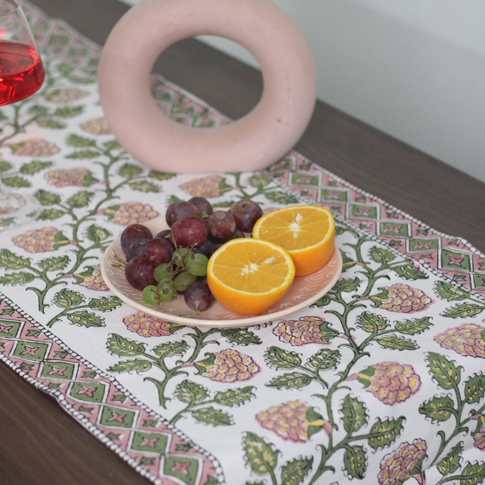Block print table runner with fruits & vase