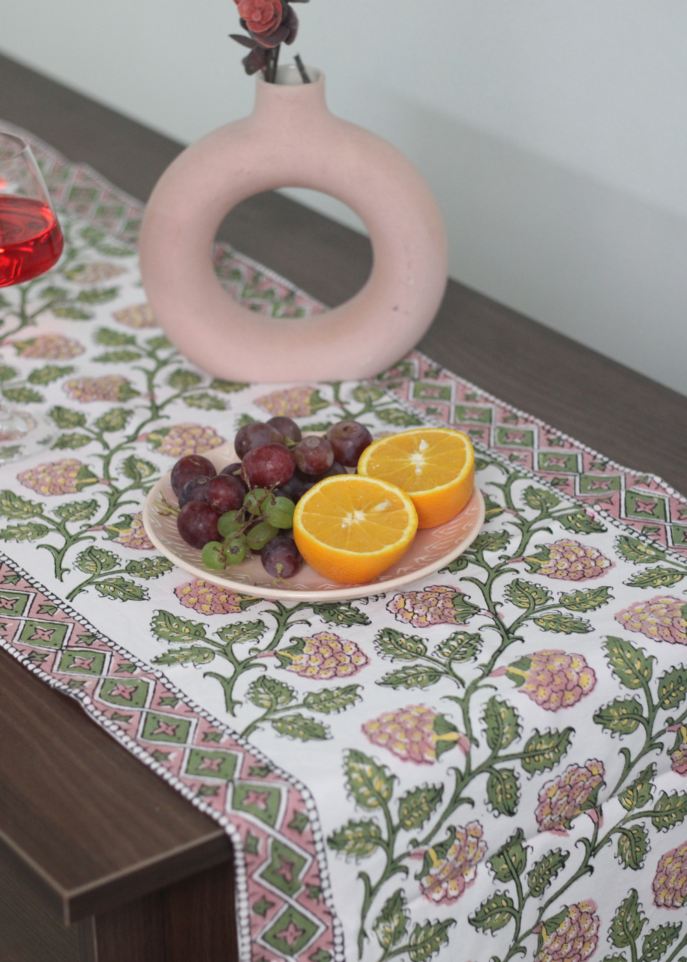 Green and Pink Floral Block Print Table Runner