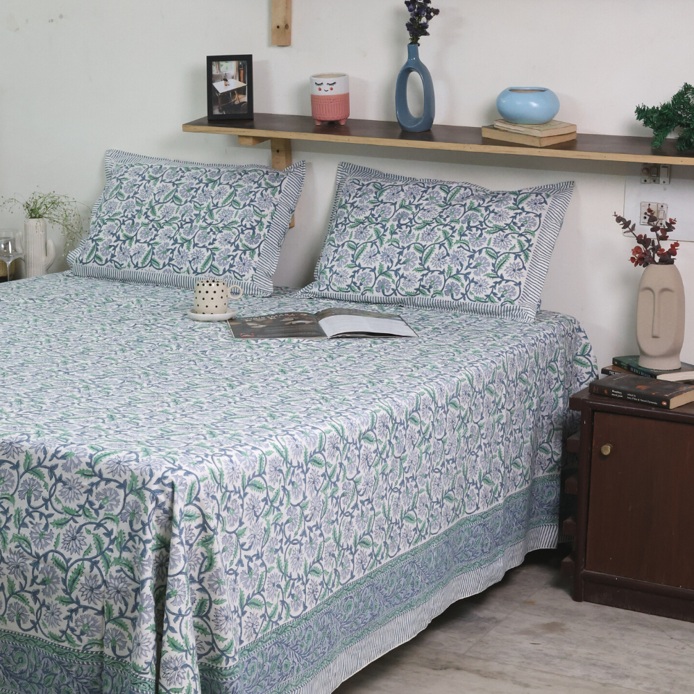 Green paisley block printed bedsheet 