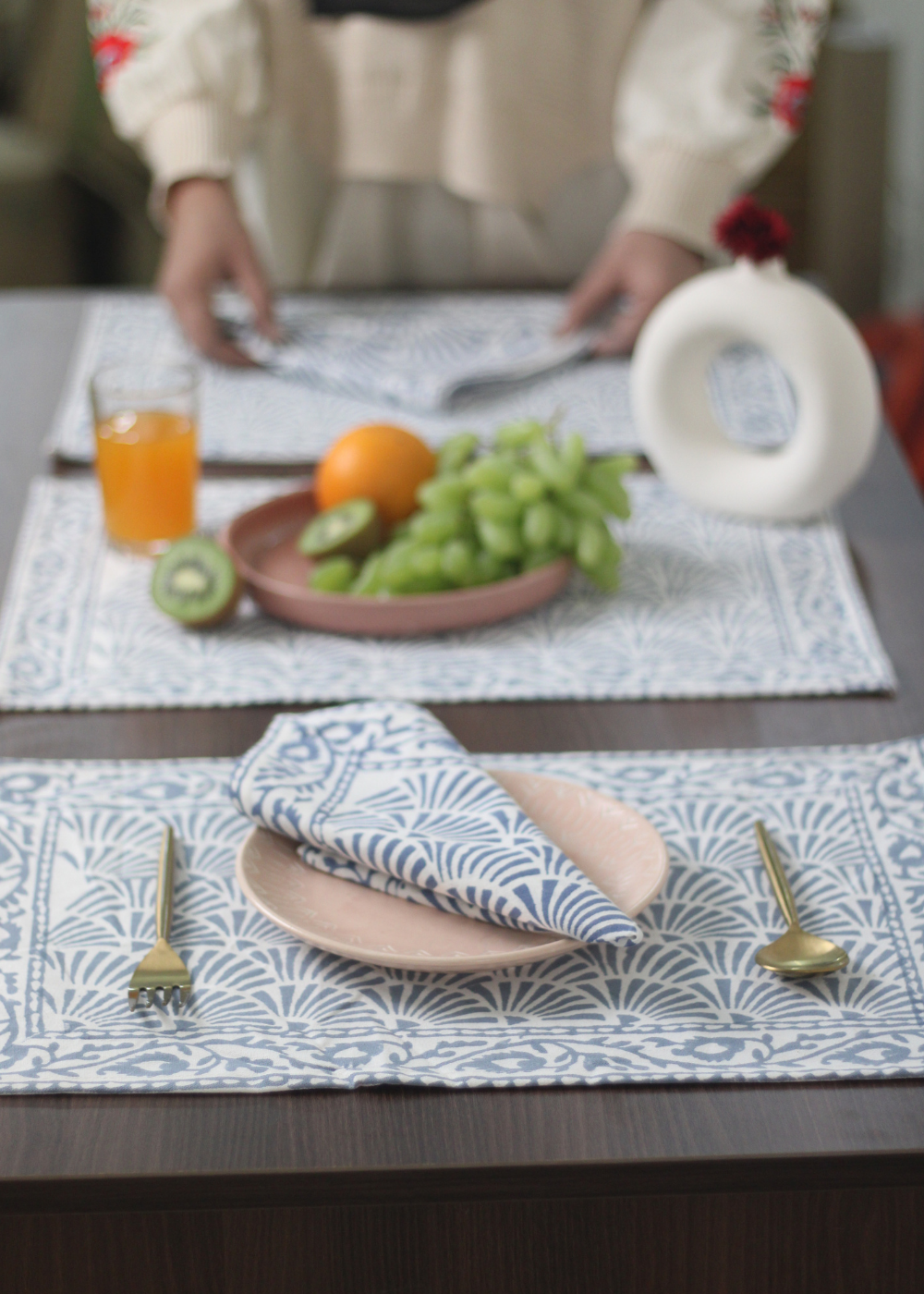 Blue chevron block printed table mat and napkin