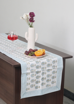 Blue palm trees table runner with fruits & juice 