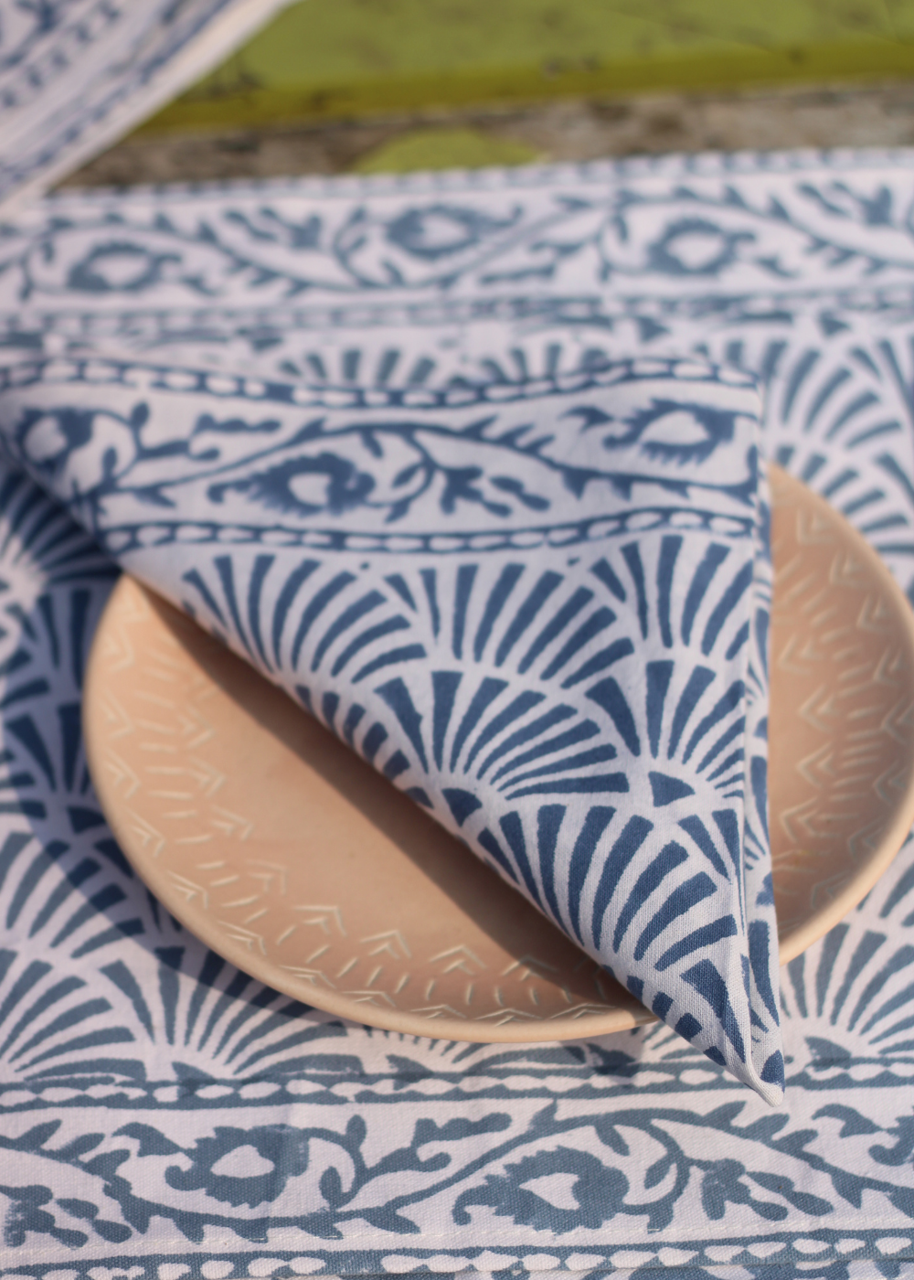 Blue chevrons table mat & napkin on table