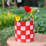 Red checks plant pot with flowers