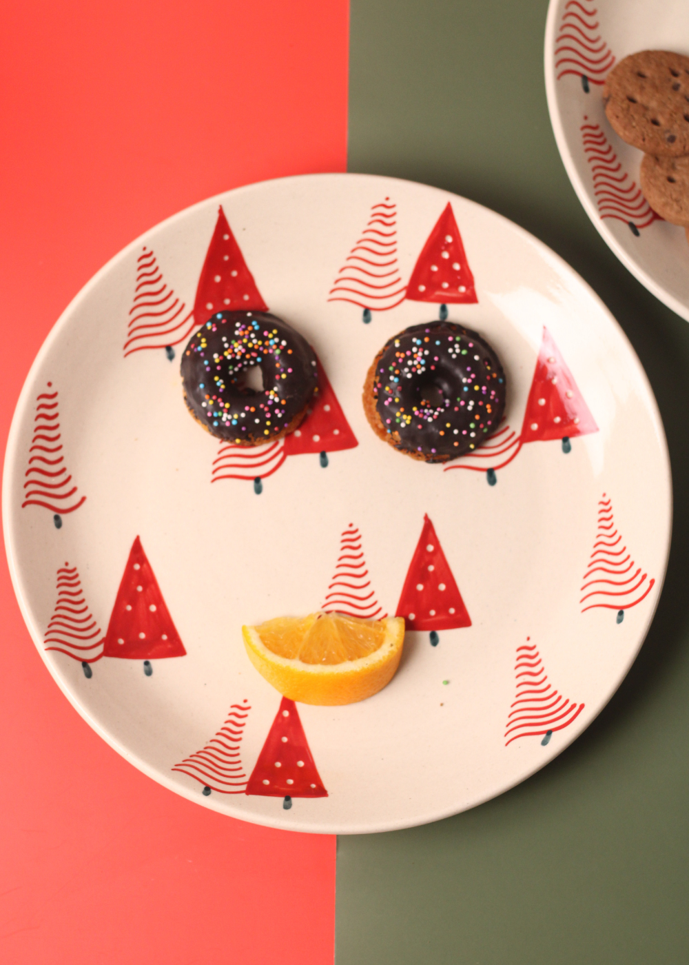Red Christmas Tree Dinner Plate With Donuts 