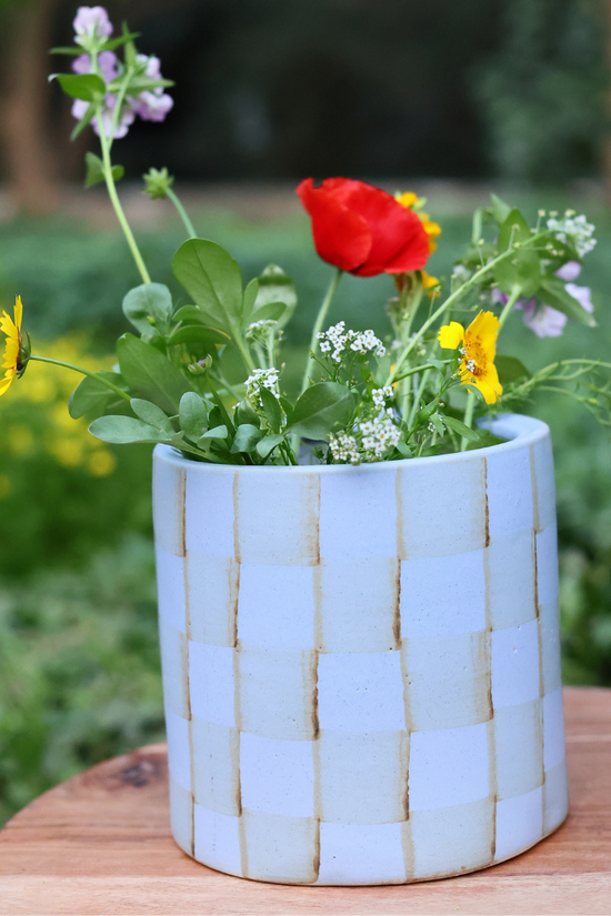 Blue checks planter with flowers