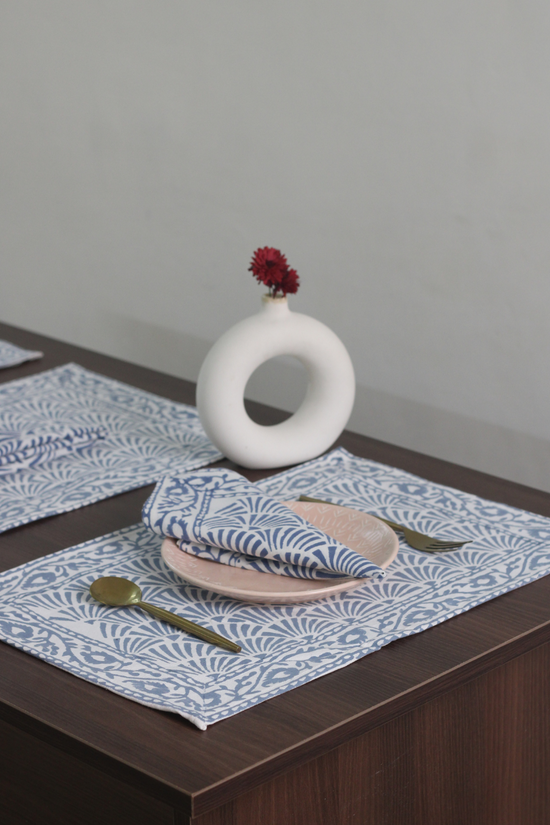 Blue chevron block print table mat & napkin