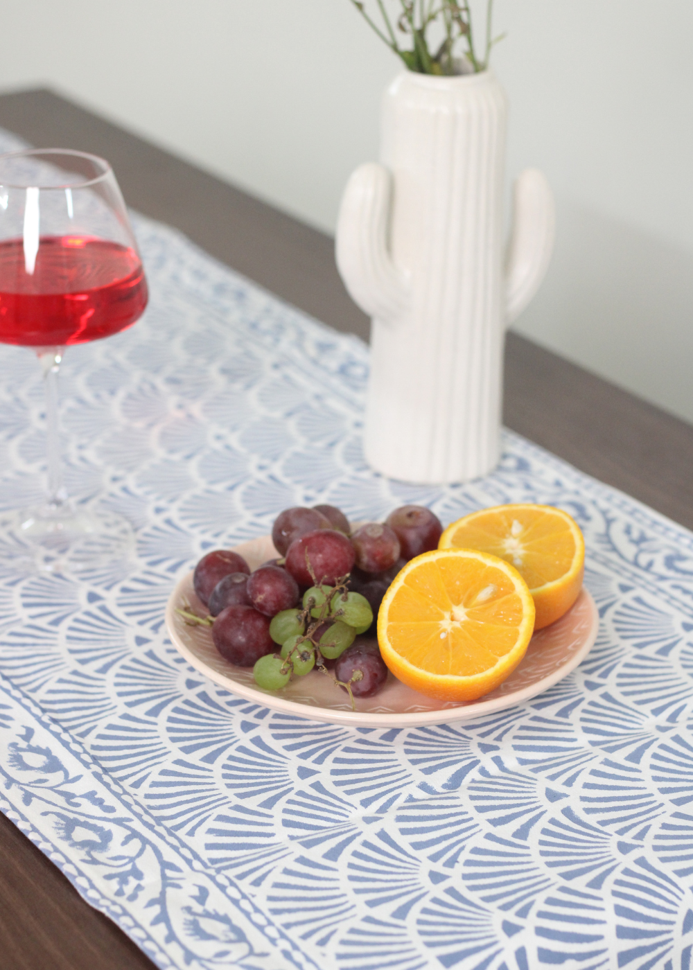 Blue chevron table runner with fruits & juice