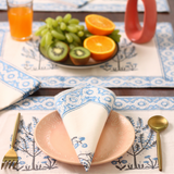 Blue tree block print table mat & napkin with fruits
