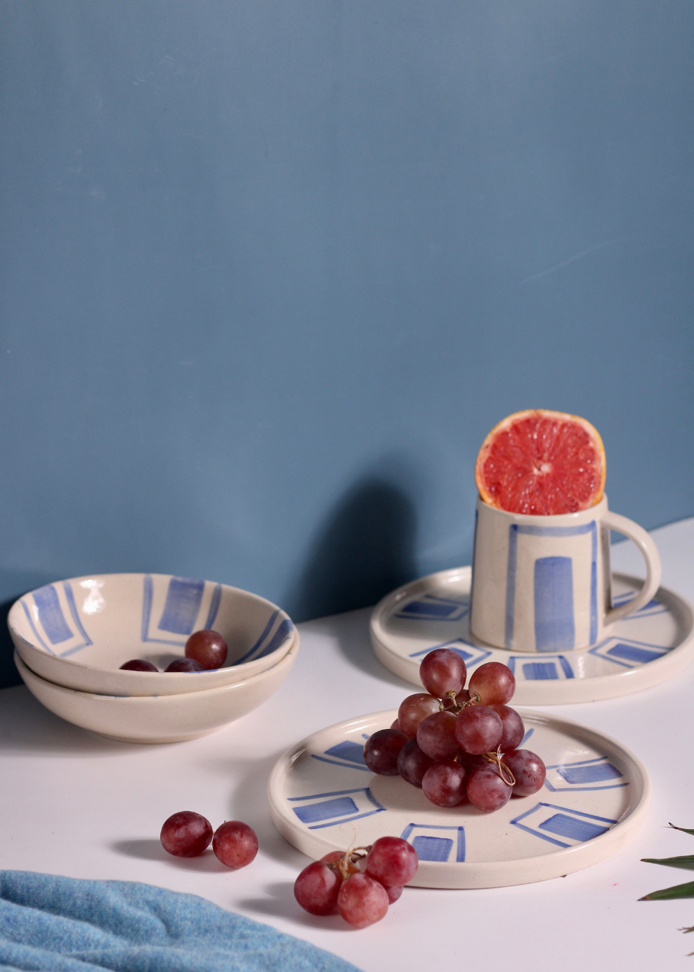 Ceramic blue brick platter with fruits