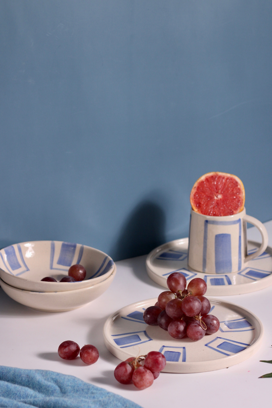 Ceramic blue brick platter with fruits