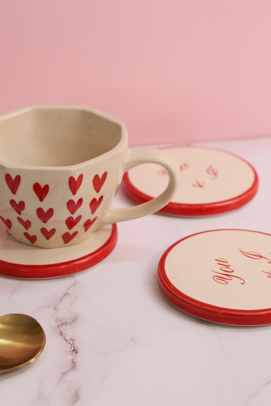 Handmade ceramic heart coffee mug & coasters