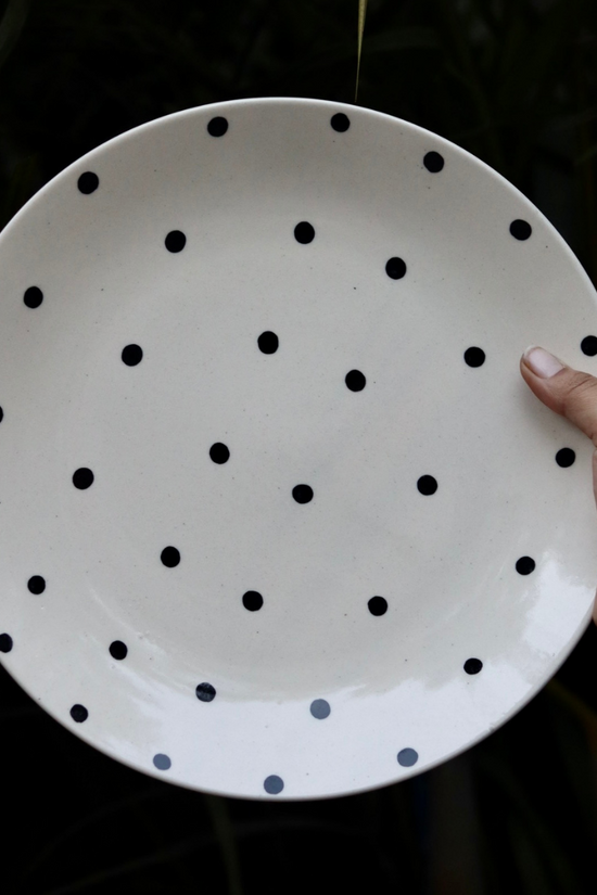 Blue polka dinner plates in hand 