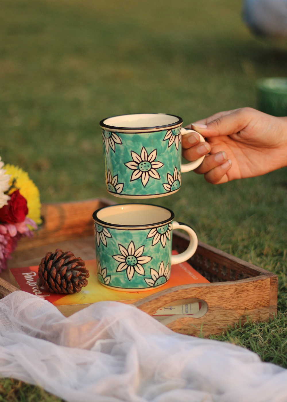 Handmade Ceramic Teal Daisy Mugs 