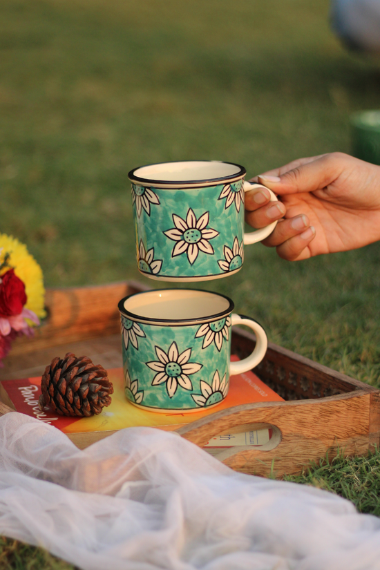 Handmade Ceramic Teal Daisy Mugs 