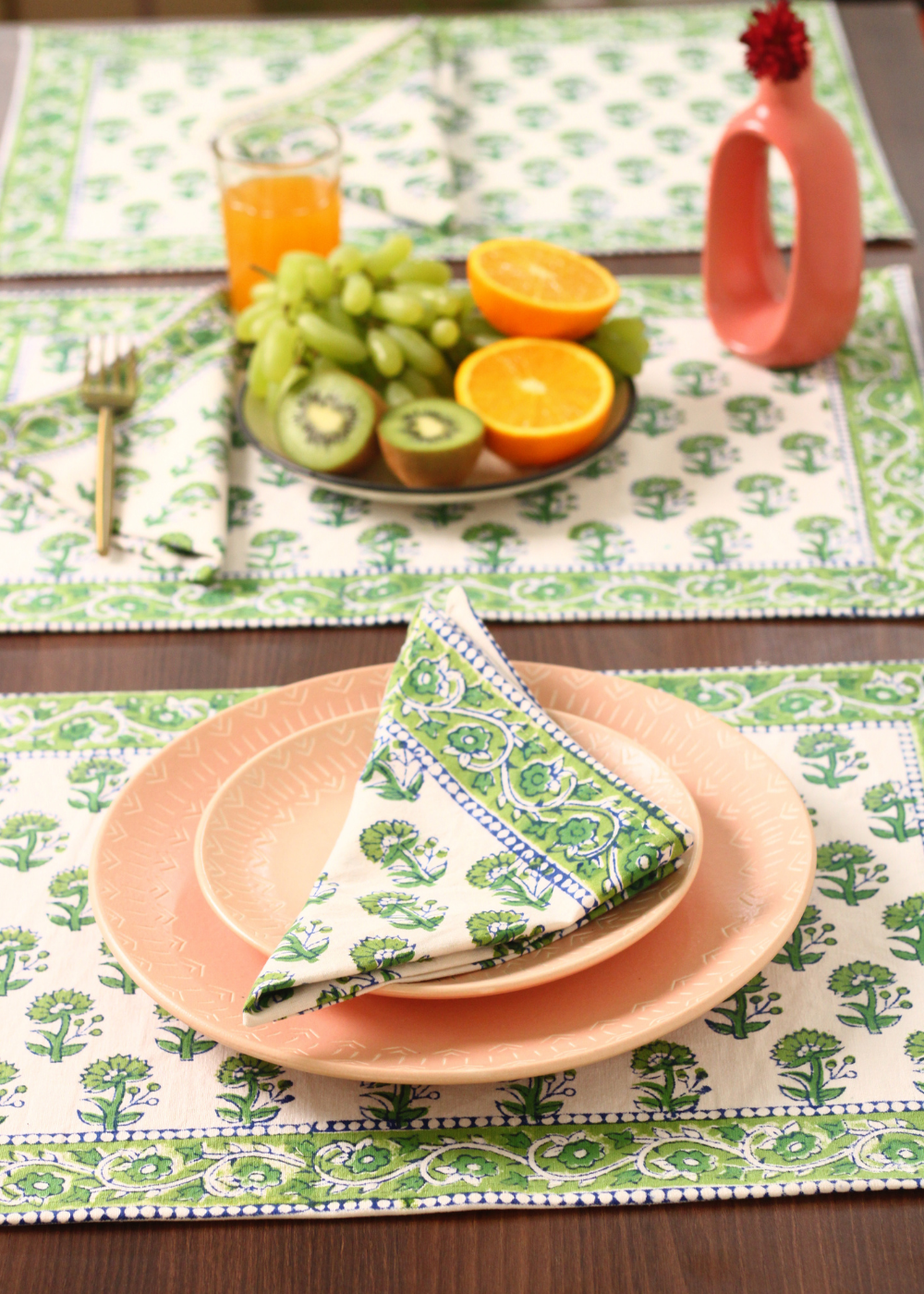 Green Floral Block Print Table Mat & Napkin