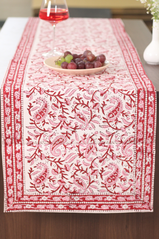Pink Paisleys Block Print Table Runner