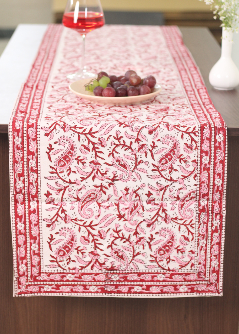 Pink Paisleys Block Print Table Runner