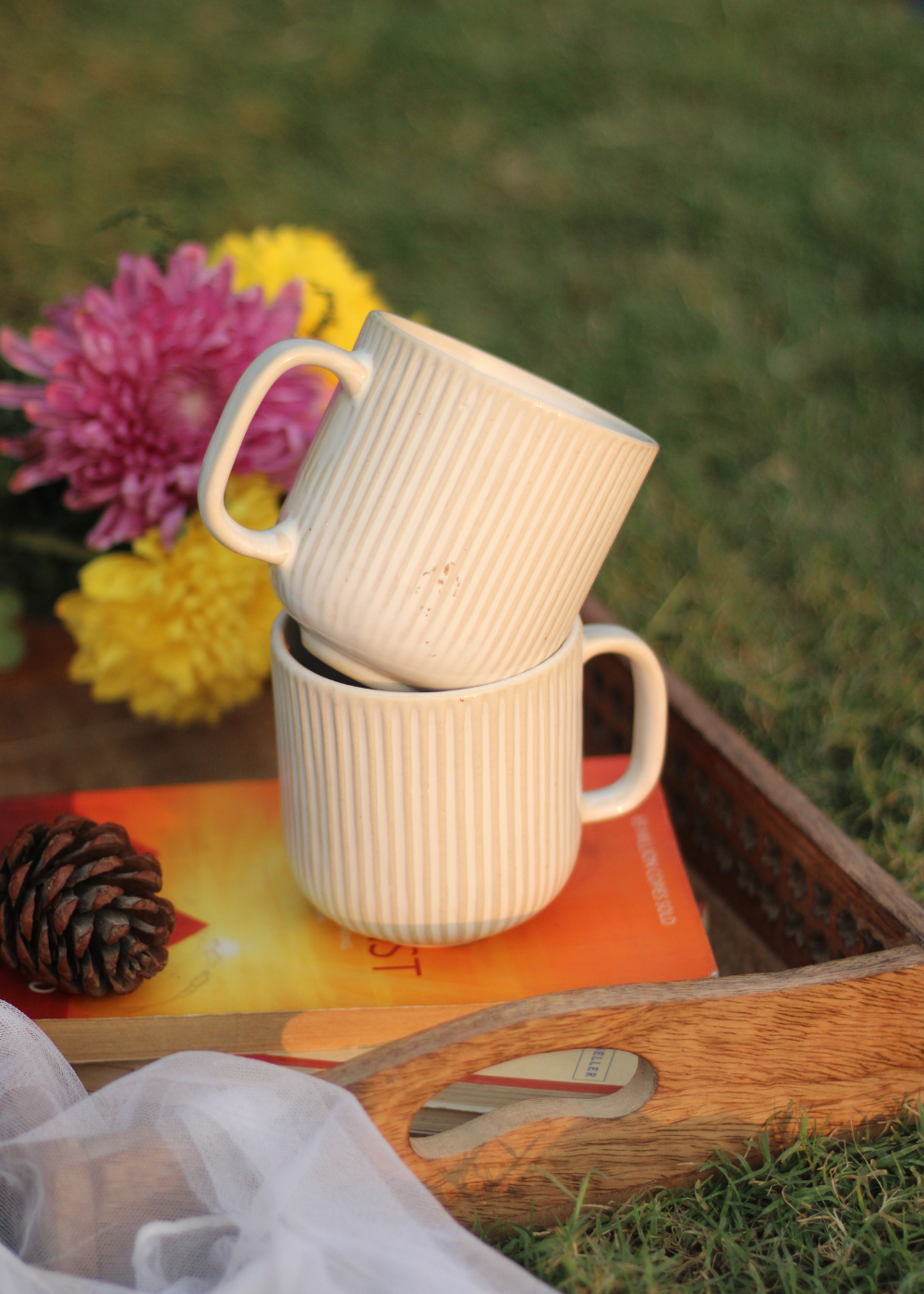 Handmade ceramic two white lined mugs 
