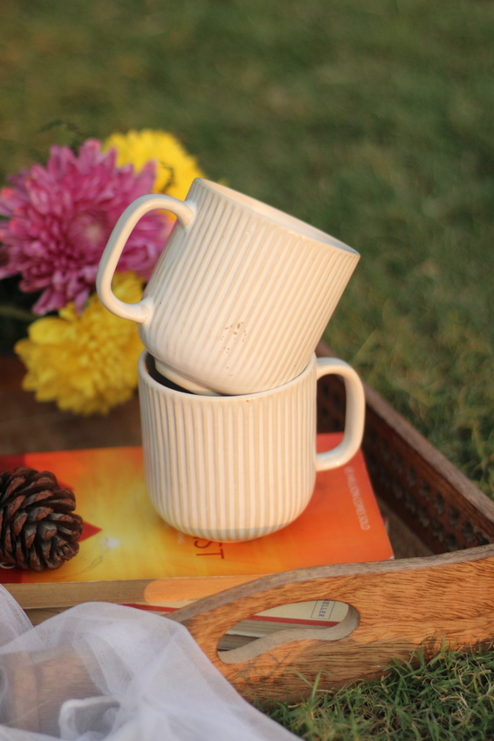 Handmade ceramic two white lined mugs 