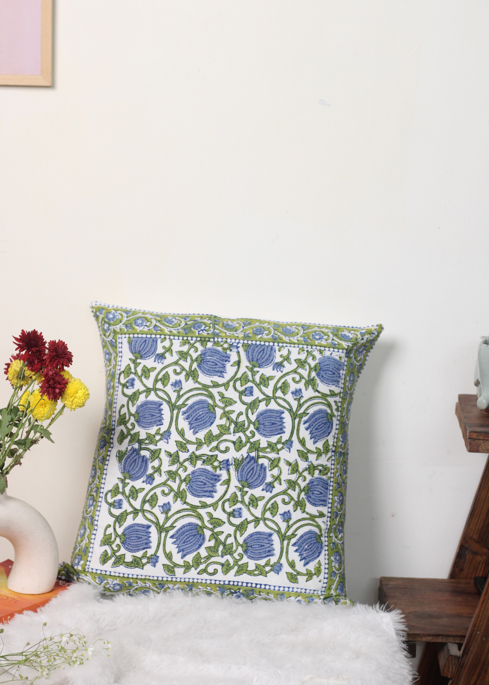 Blue and green cushion cover blockprinted