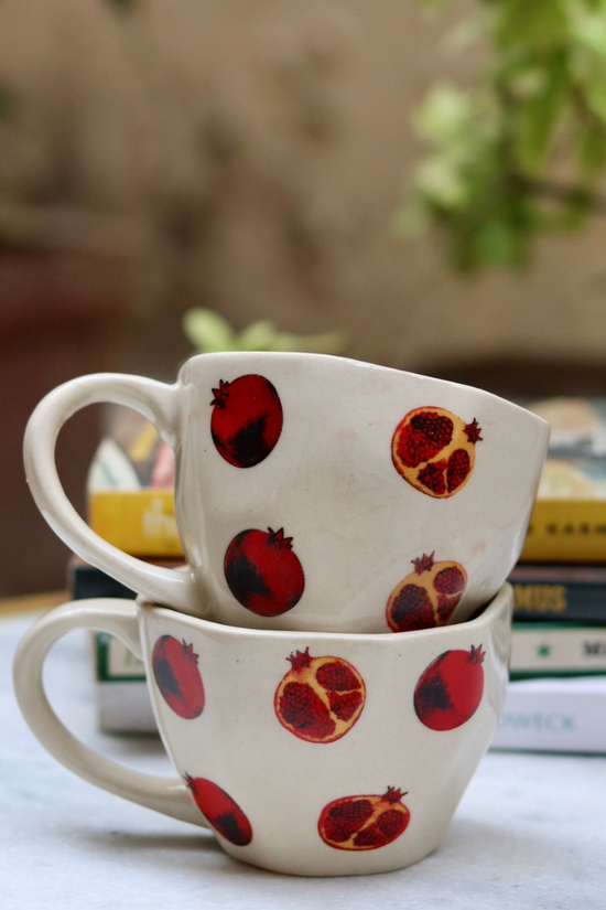 Two handmade ceramic white & red coffee mugs 
