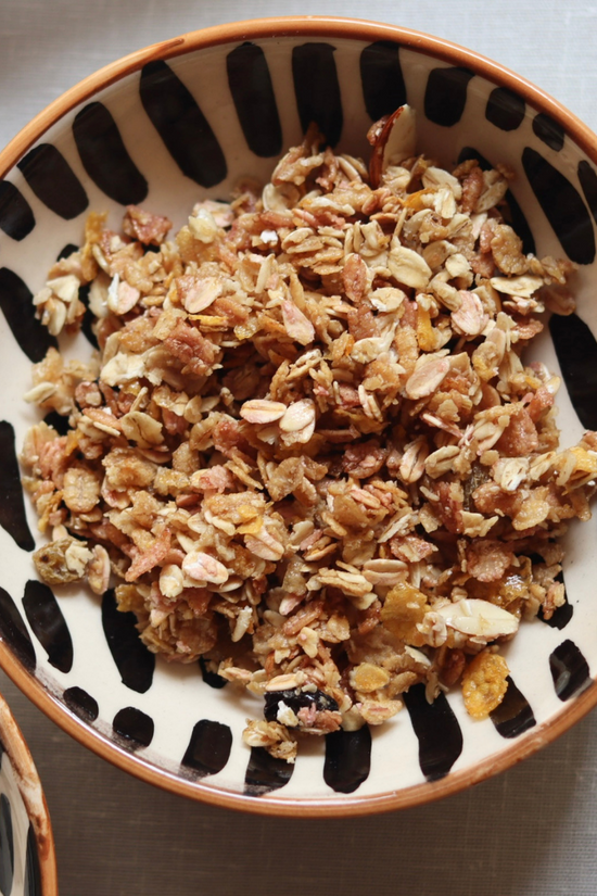 Striped cereal bowl with cereal 
