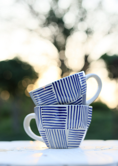 Blue all lines mug in a garden