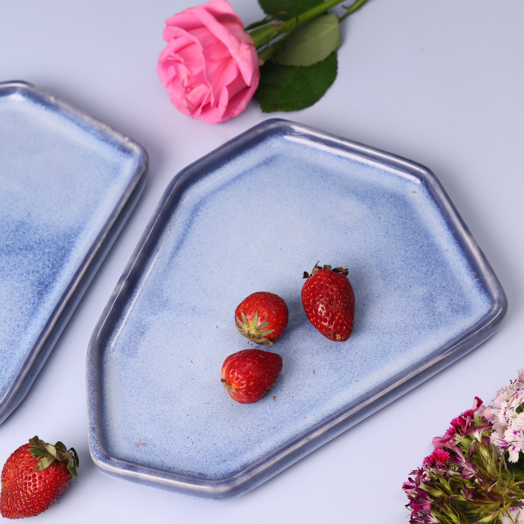 Blue hexagon plate with strawberries & flower