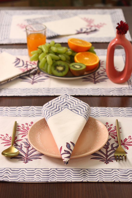 Pink & Grey Floral Block Print Table Mat & Napkin
