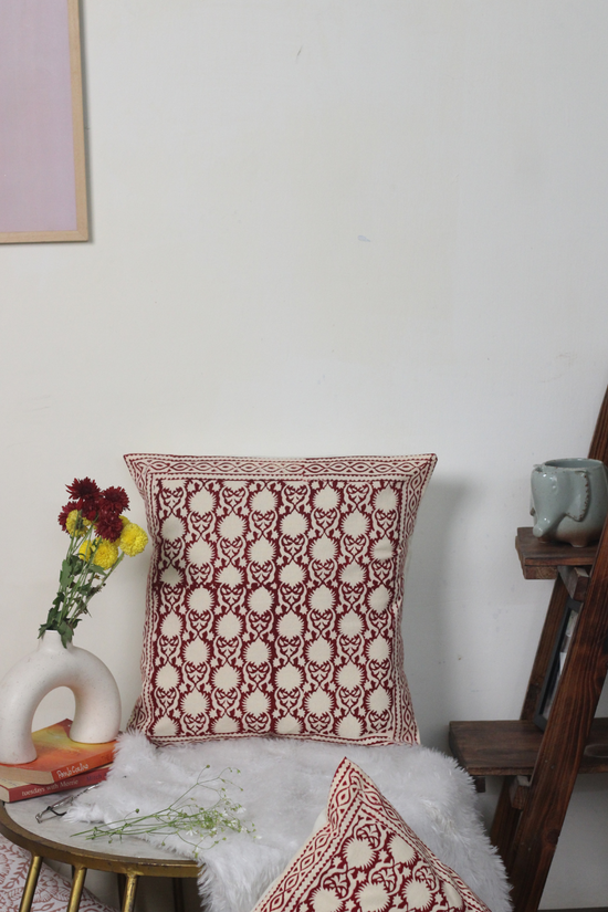Cotton maroon & white cushion covers 
