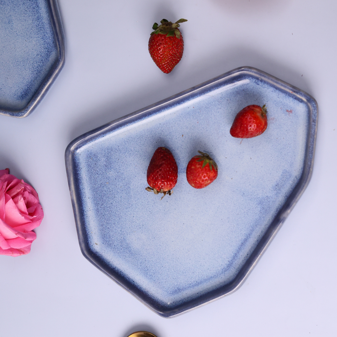 Blue hexagon snack plate with strawberry